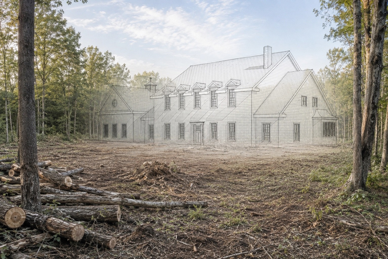 Architectural sketch of planned home blended into the cleared homesite